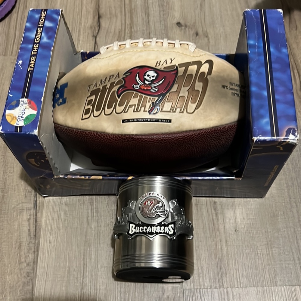 Tampa Bay Buccaneers vintage ball + tin beer koozie